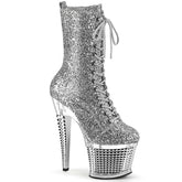 Pleaser SPECTATOR-1040G Silver Glitter 7 Inch (178mm) Heel, 3 Inch (76mm) Textured Platform Peep Toe Lace-Up Front Mid Calf Boot, Inside Zip Closure